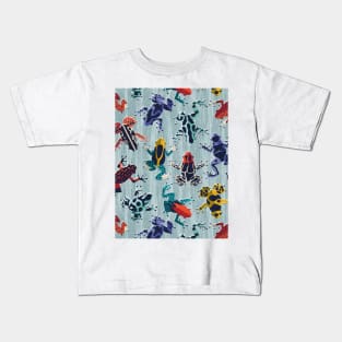 Quirky dart frogs dance // pattern // duck egg blue textured background brightly multicoloured poison amphibians Kids T-Shirt